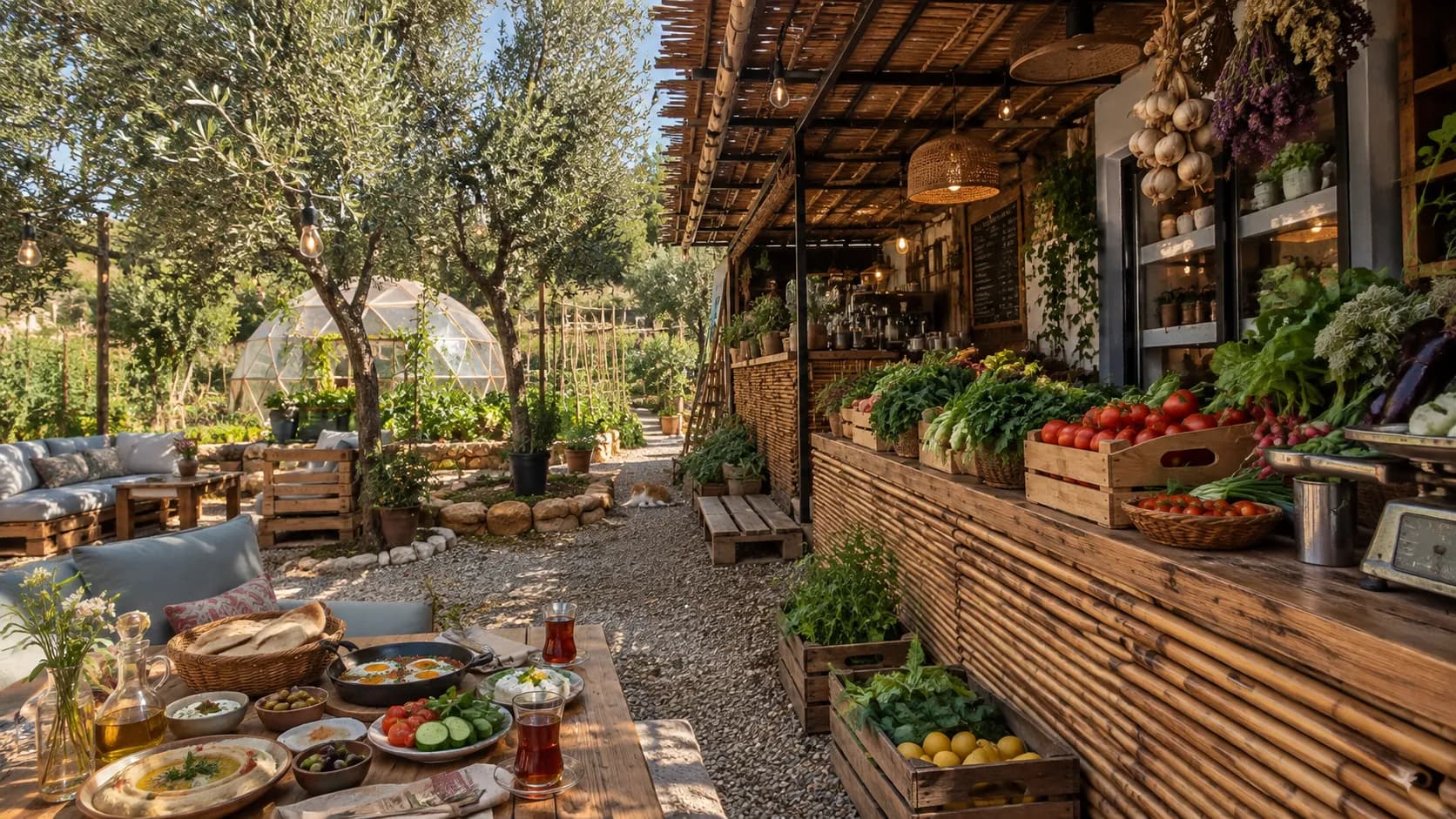 A Lebanese breakfast table under the olive trees beside the Green Peas farm shop