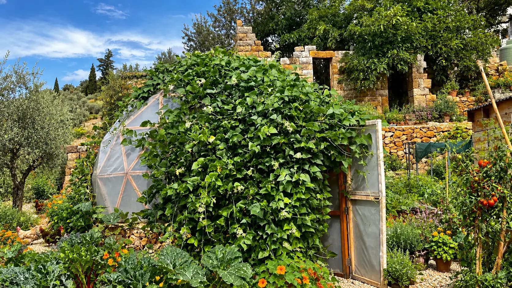 The plant-covered dome among vegetable beds and stone terraces at the Green Peas farm
