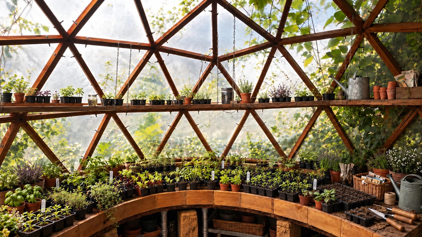 Seedlings growing inside the geodesic dome nursery at the Green Peas farm